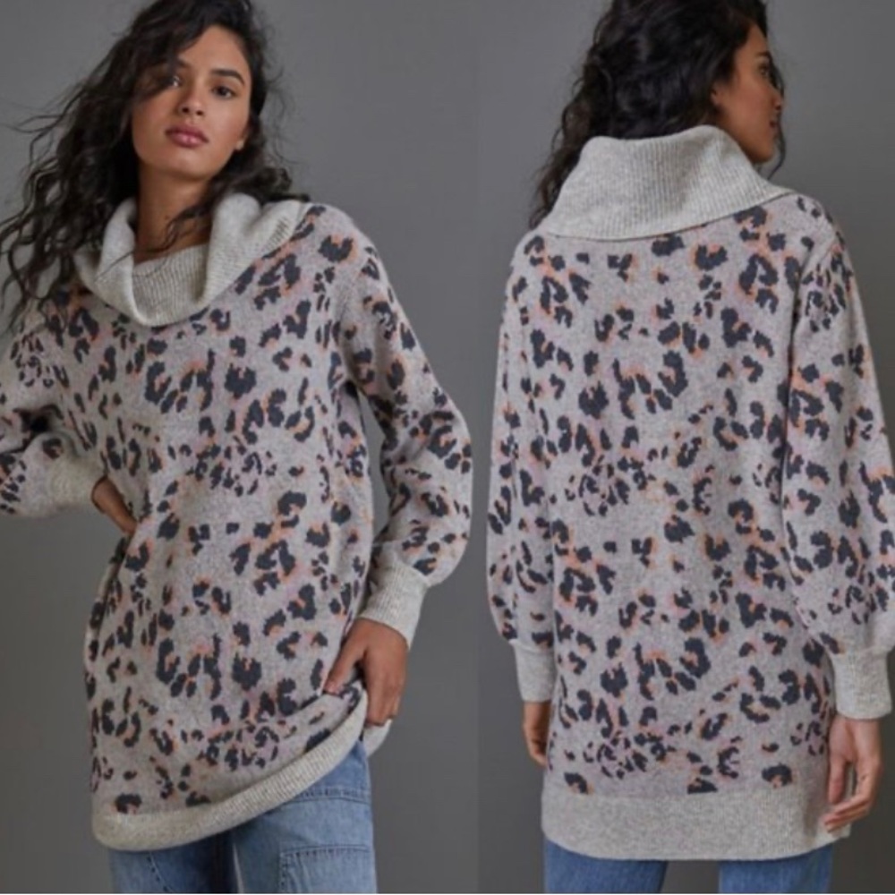 Anthropologie Emmy Cowl Neck Tunic Leopard Print Sweater Small